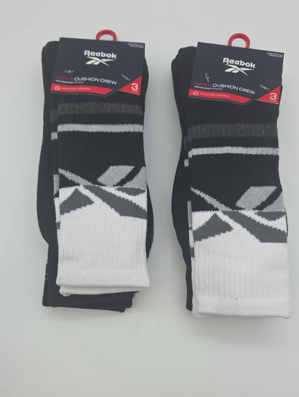 6 Pack Reebok Men's Black & White Athletic Cushion Crew Socks.